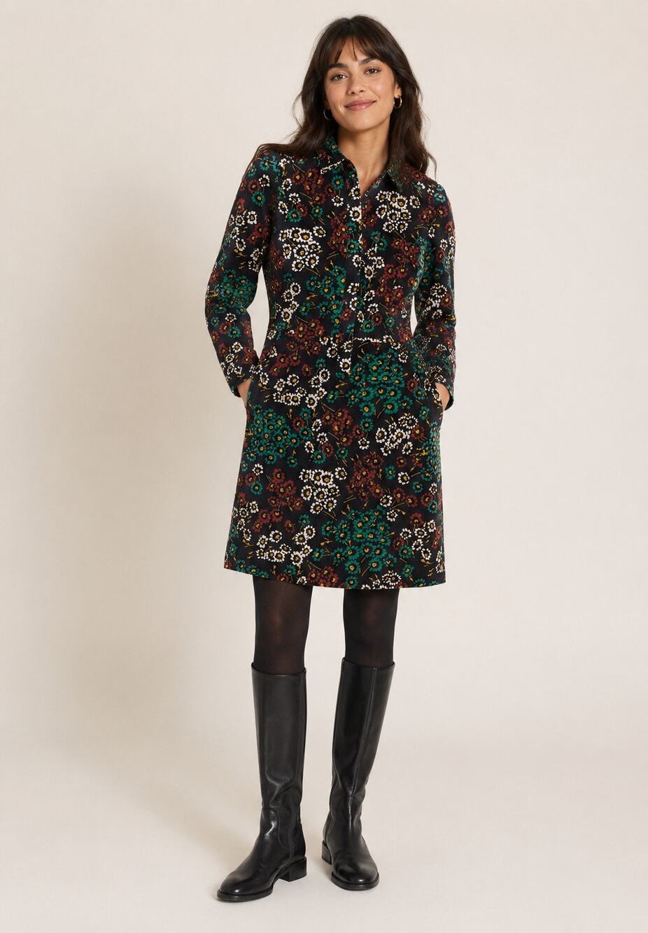Boden Corduroy Floral Shirt Dress Black Multi Size 8 Petite Retro Boho Whimsy